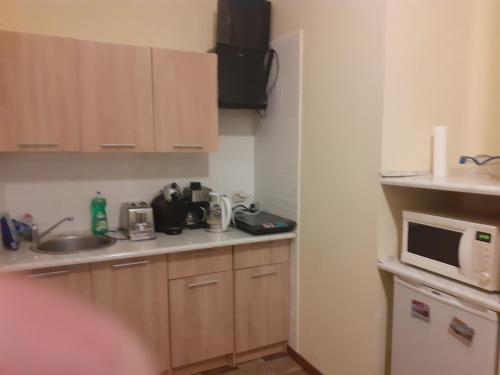 a small kitchen with a sink and a microwave at Kołobrzeg-hotel Polonia apartament 207 in Kołobrzeg
