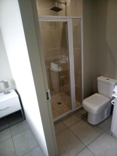 a bathroom with a shower with a toilet and a sink at Rosebank Accommodation in Johannesburg