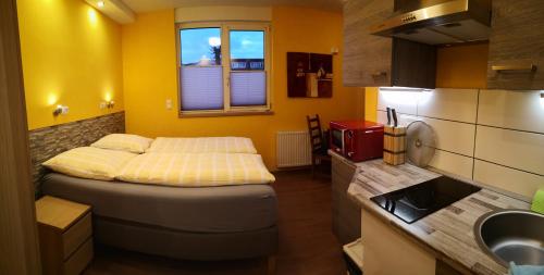a small room with a bed and a sink at Havelapartments in Berlin
