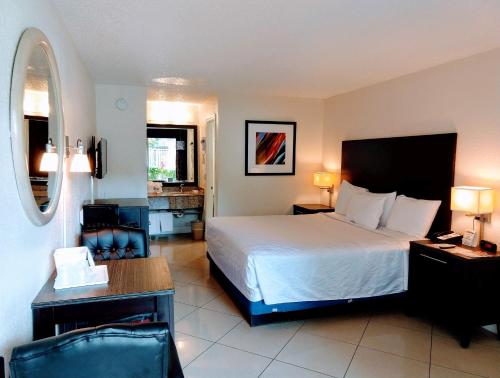 Habitación de hotel con cama grande y escritorio. en Red Carpet Inn Airport Fort Lauderdale en Fort Lauderdale