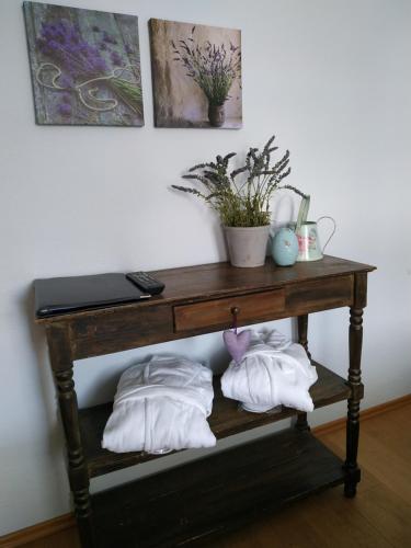 a wooden table with pillows and a laptop on it at Hotel garni Altes Winzerhaus Moselschänke in Kobern-Gondorf