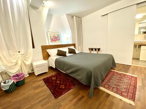 una camera con un letto e un tappeto rosso di San Tomà a Venezia
