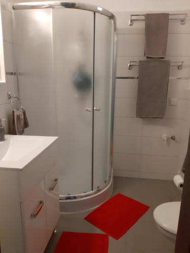 y baño con ducha y alfombra roja. en Szalók Spa Apartman Egerszalók, en Egerszalók