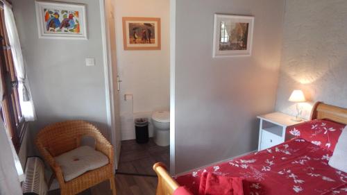a small room with a bed and a toilet at The Petite Chalet Chambre d'hôtes in LʼIsle-Jourdain