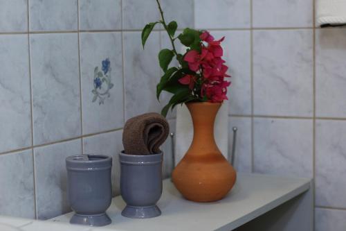 a vase with flowers on a shelf in a bathroom at The AnSwin Apartment in Roseau