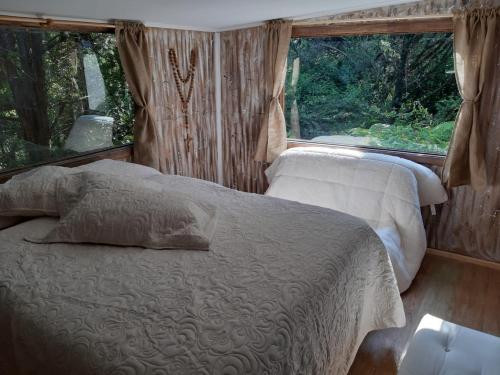 ein Schlafzimmer mit einem Bett und einem großen Fenster in der Unterkunft ECO CABAÑA in Puerto Varas