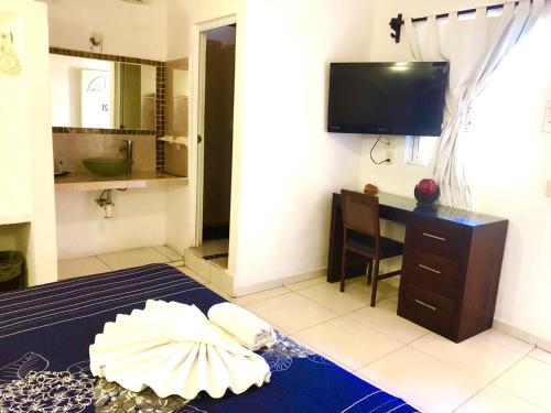 a room with a bed with a desk and a television at Bungalows Princeza Guayabitos in Rincon de Guayabitos