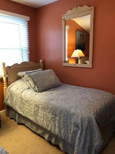 Schlafzimmer mit einem Bett und einem Spiegel in der Unterkunft The Carriage House on Slope Hill in Mount Pleasant