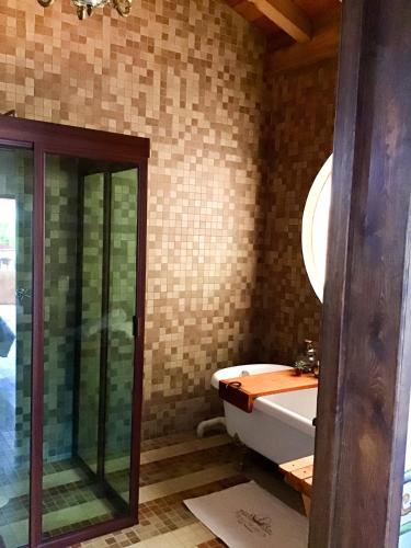 a bathroom with a sink and a glass shower at Casa Tía Anita, Hotel Boutique in Mascota
