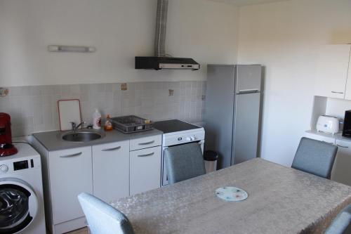 uma cozinha com uma mesa, um lavatório e um frigorífico em Les Géraniums em Cosne Cours sur Loire