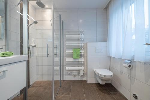 a bathroom with a toilet and a glass shower at Gasthof - Pension Durnthaler in Tröpolach