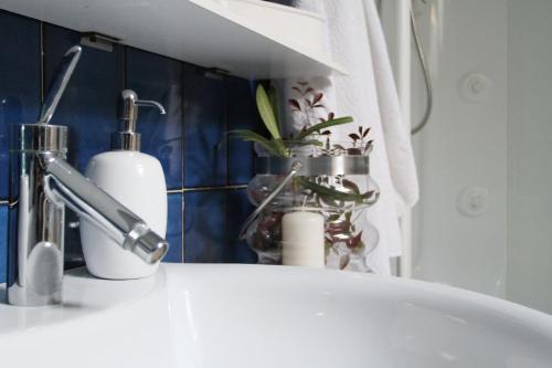 a bathroom sink with a bottle of soap and a plant at Casa Chiara Plus in Porto Recanati