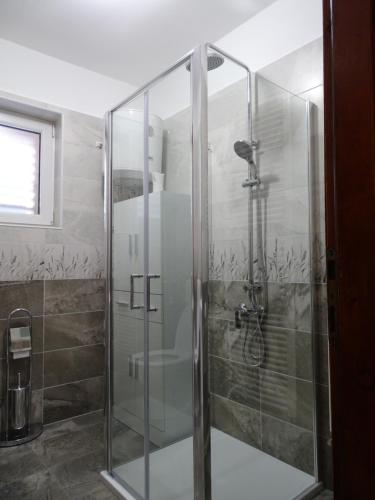 a shower with a glass door in a bathroom at Apartment & Apartment Studio Deželjin in Senj
