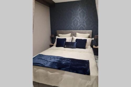 um quarto com uma cama grande e almofadas azuis e brancas em LE PETIT SAINT NICOLAS, EN PLEIN CENTRE VILLE em Beaune