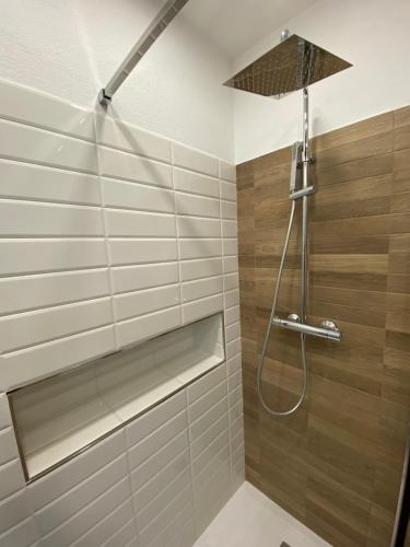 La salle de bains est pourvue d'une douche avec un pommeau de douche. dans l'établissement Antico Palazzo Lago Maggiore, à Verbania