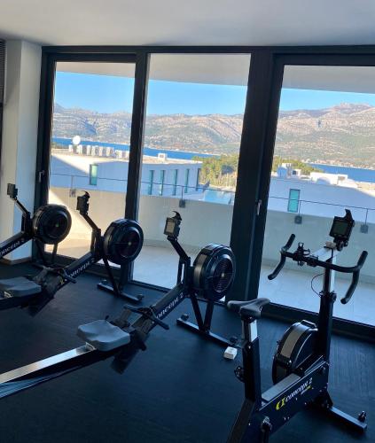 a row of treadmills in a gym with windows at Korcula Hill in Korčula