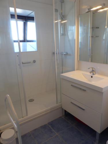 une salle de bain avec une douche, un lavabo et des toilettes dans l'établissement Face mer imprenable - 4 personnes, à Trouville-sur-Mer