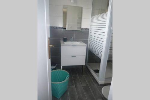 uma pequena casa de banho com um lavatório e um lavatório em L'Oseraie em Moisenay