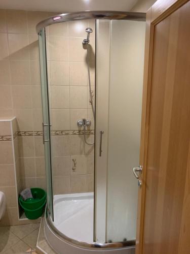 a shower with a glass door in a bathroom at Miroslav Bednár-Bedomir in Huta