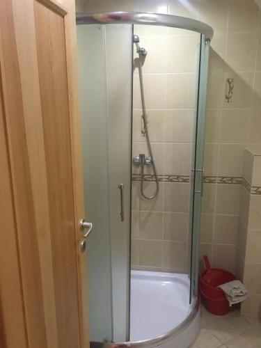 a shower with a glass door in a bathroom at Miroslav Bednár-Bedomir in Huta