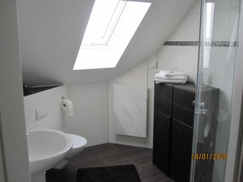 a bathroom with a sink toilet and a skylight at Ferien- bzw. Zeitwohnen Burglengenfeld in Burglengenfeld
