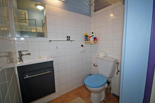 a bathroom with a blue toilet and a sink at CHEZ JOJO in Sainte-Anne