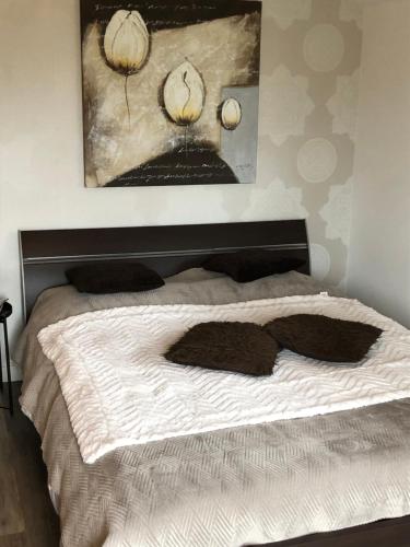 een slaapkamer met een bed met een schilderij aan de muur bij De Susel in Meppel
