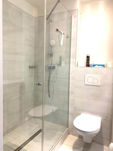 a bathroom with a shower and a toilet at Apart-Hotel-Kick in Sinsheim