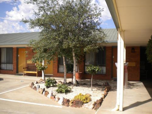 a building with two trees in a courtyard at Moama Central Motel in Echuca