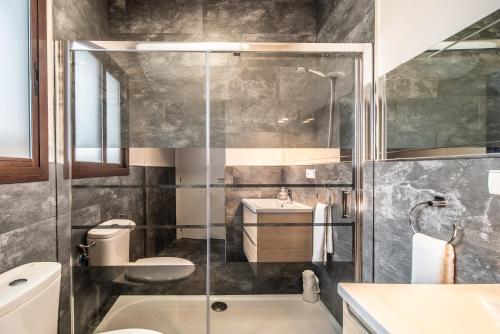 セビリアにあるApartamentos San Pedroのバスルーム(シャワー、トイレ、シンク付)