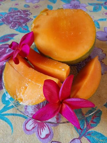 a glass plate with carrots and a melon and a flower at Manga Rosa Hospedagem in Canoa Quebrada