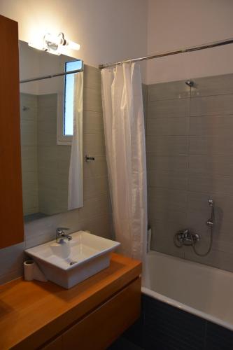 a bathroom with a sink and a mirror and a shower at Skorponeria beachfront house in Skroponeria