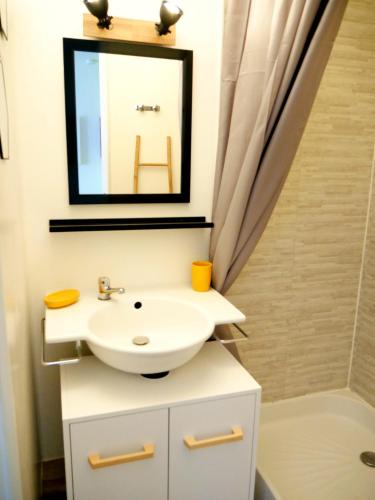 une salle de bain avec un lavabo et un miroir dans l'établissement Futurostudio - Appart Hôtel Futuroscope - Poitiers, à Jaunay-Clan