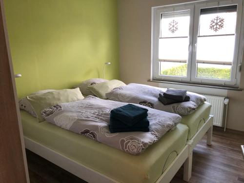 two beds in a room with green walls and two windows at Ferienwohnung „EMSKOJE“ in Moormerland