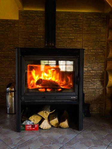 a fireplace with a fire inside of it at Lejasbisenieki in Turaida