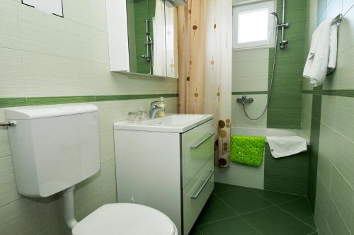 a green bathroom with a toilet and a sink at Apartment Fiorenini 2 in Mlini