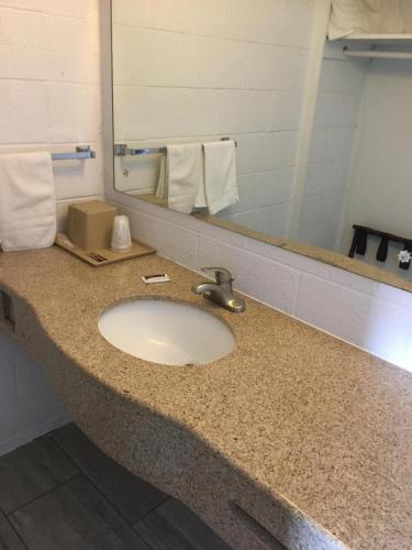 a bathroom counter with a sink and a mirror at Moon Mist Motel in Meade