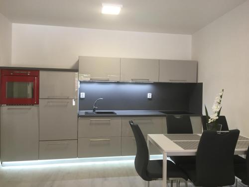 een keuken met een wastafel en een tafel met stoelen bij Apartmány SOFIA Kamenice nad Lipou in Kamenice nad Lipou