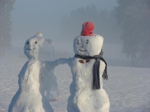 two snowmen standing next to each other in the snow at Oberes Ourtal Lodge in Bullange