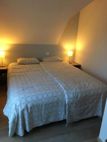 une chambre avec un grand lit blanc avec deux lampes dans l'établissement Equihen Plage Maison 83, à Équihen-Plage