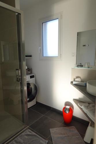 a bathroom with a glass shower and a sink at Appartement Alouette France in Pessac
