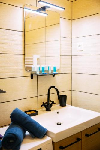 une salle de bain avec un lavabo et un miroir dans l'établissement 2 pièces avec patio dans le centre de Toulon, à Toulon