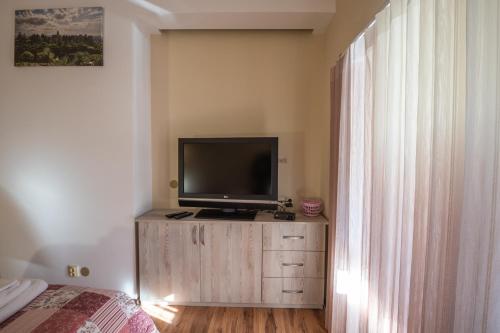 een slaapkamer met een televisie op een dressoir met een bed bij Апартаменти Ковачева-2 in Bansko