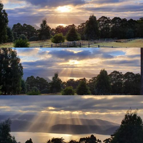 two pictures of the sun setting over a lake at Ruby's Cottage Farm Stay in Port Arthur