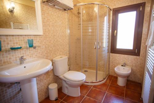 e bagno con servizi igienici, lavandino e doccia. di El Bulín de Braojos - Casa Marta a Braojos de la Sierra