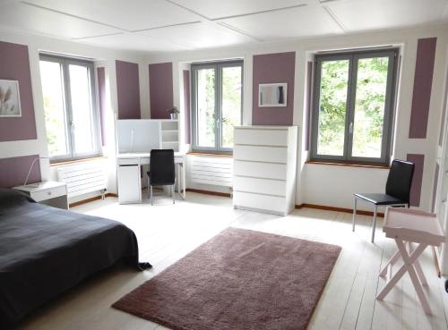 1 dormitorio con 1 cama, escritorio y ventanas en Chambres d'hôtes T'22, en Fleurier