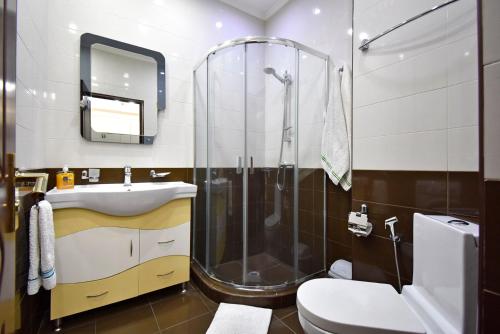 a bathroom with a shower and a sink and a toilet at Buzand street 1 bedroom Newly Renovated apartment near Republic Square BU777 in Yerevan