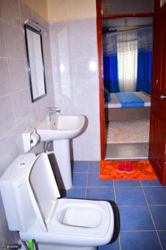 a bathroom with a toilet and a sink and a mirror at Great house BnB near jkia in Nairobi