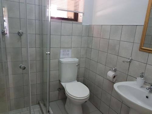 a bathroom with a toilet and a sink at Veki's Town Lodge in Mbabane