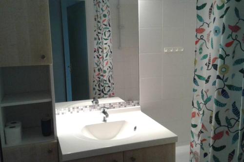 La salle de bains est pourvue d'un lavabo et d'un miroir. dans l'établissement T2 Antigua Ondres plage avec piscine et tennis, à Ondres